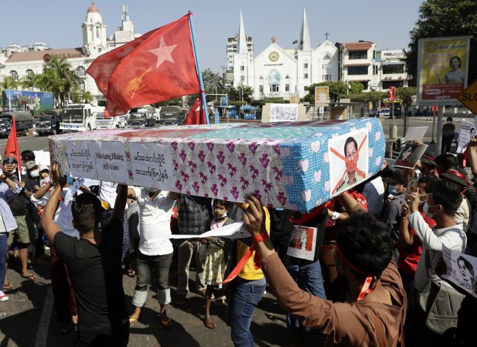 Protest against Myanmar military coup, in Yangon